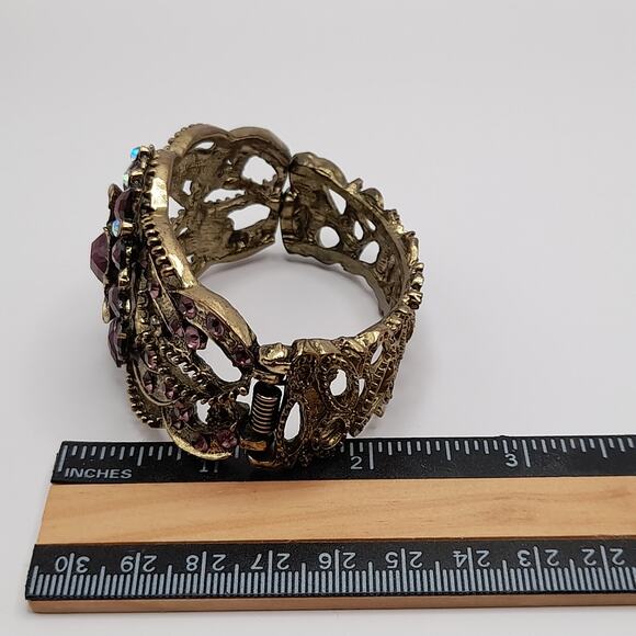 Purple Pink Rhinestone Hinged Bracelet, Victorian Style, 6 1/2 Inches - Picture 10 of 14